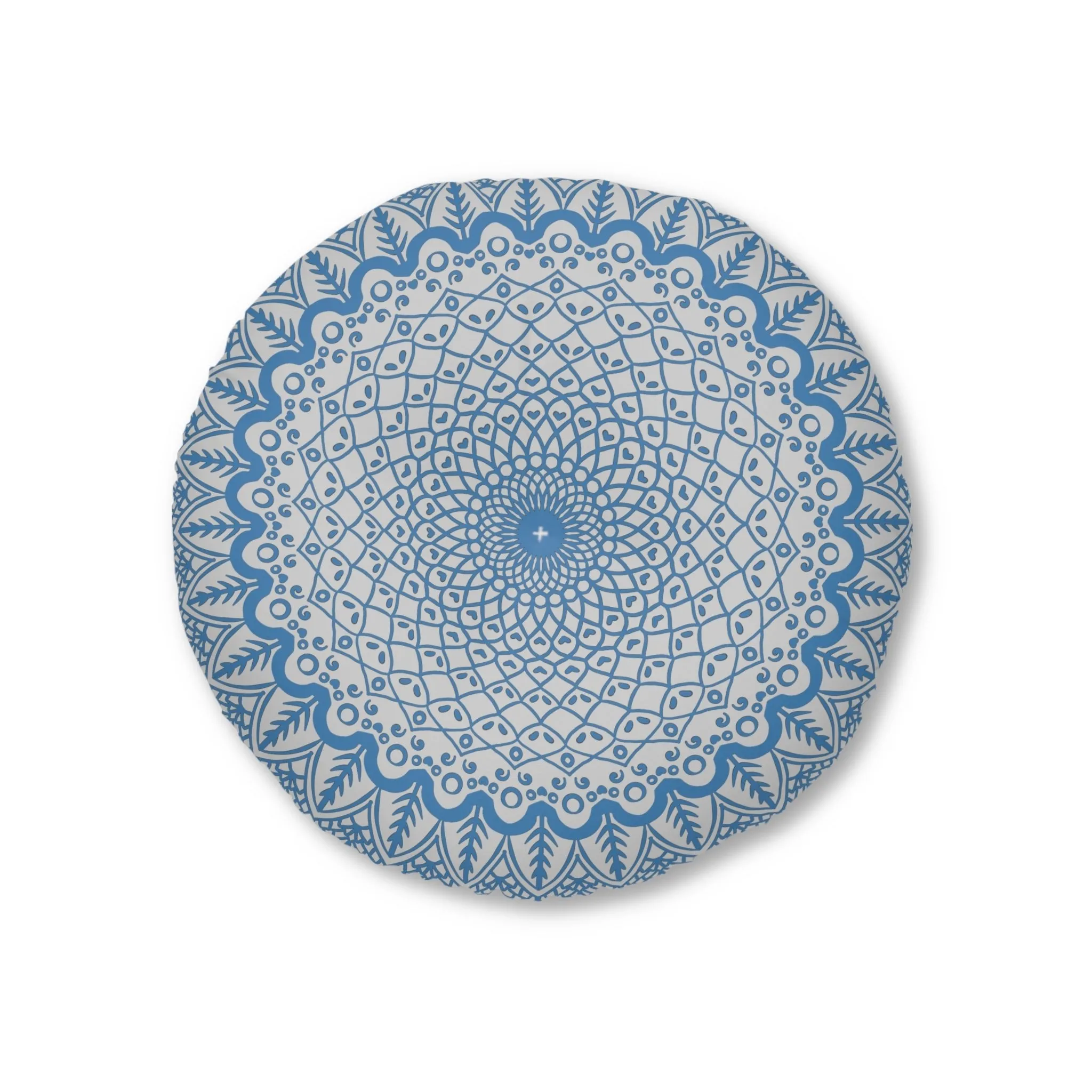 Handmade Mandala Art Floor Cushion - Steel Blue on Light Grey - Tufted