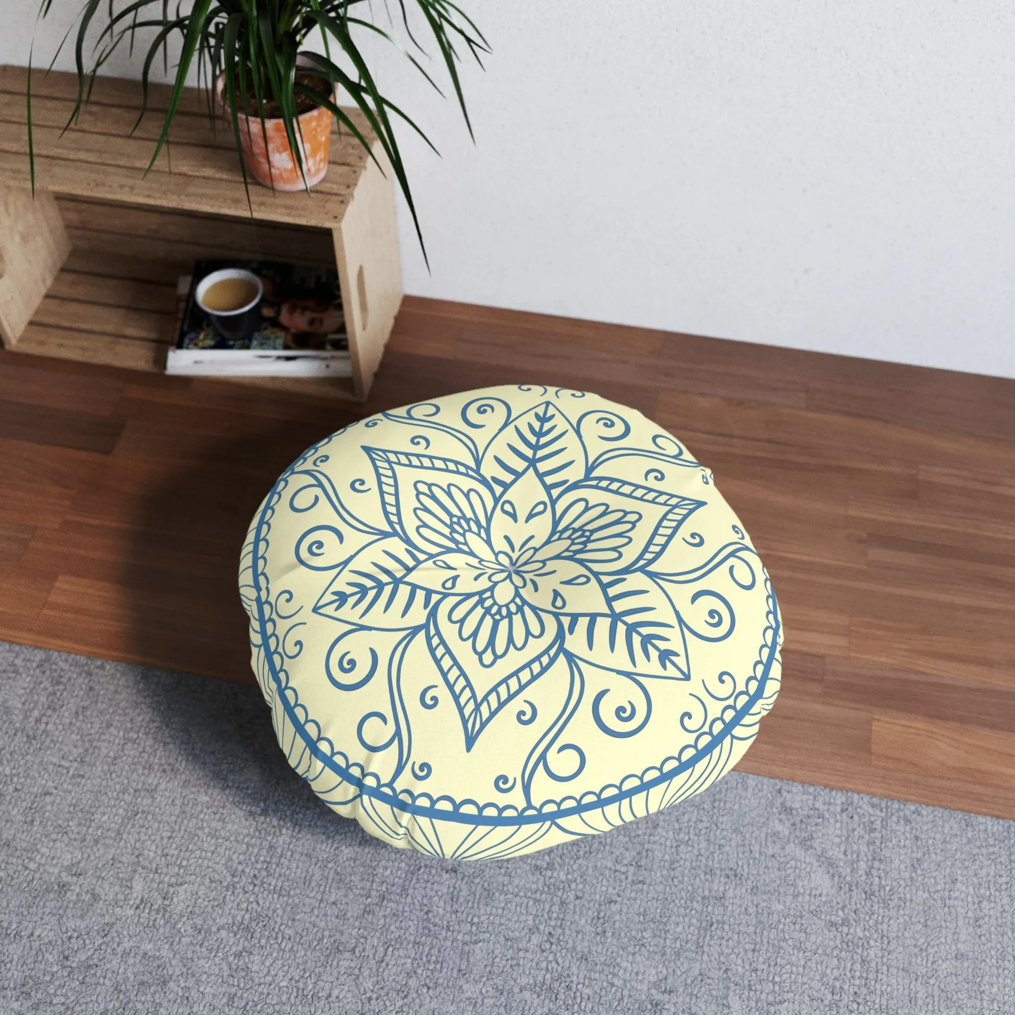 Handmade Mandala Art Steel Blue on Cream Round Floor Cushion