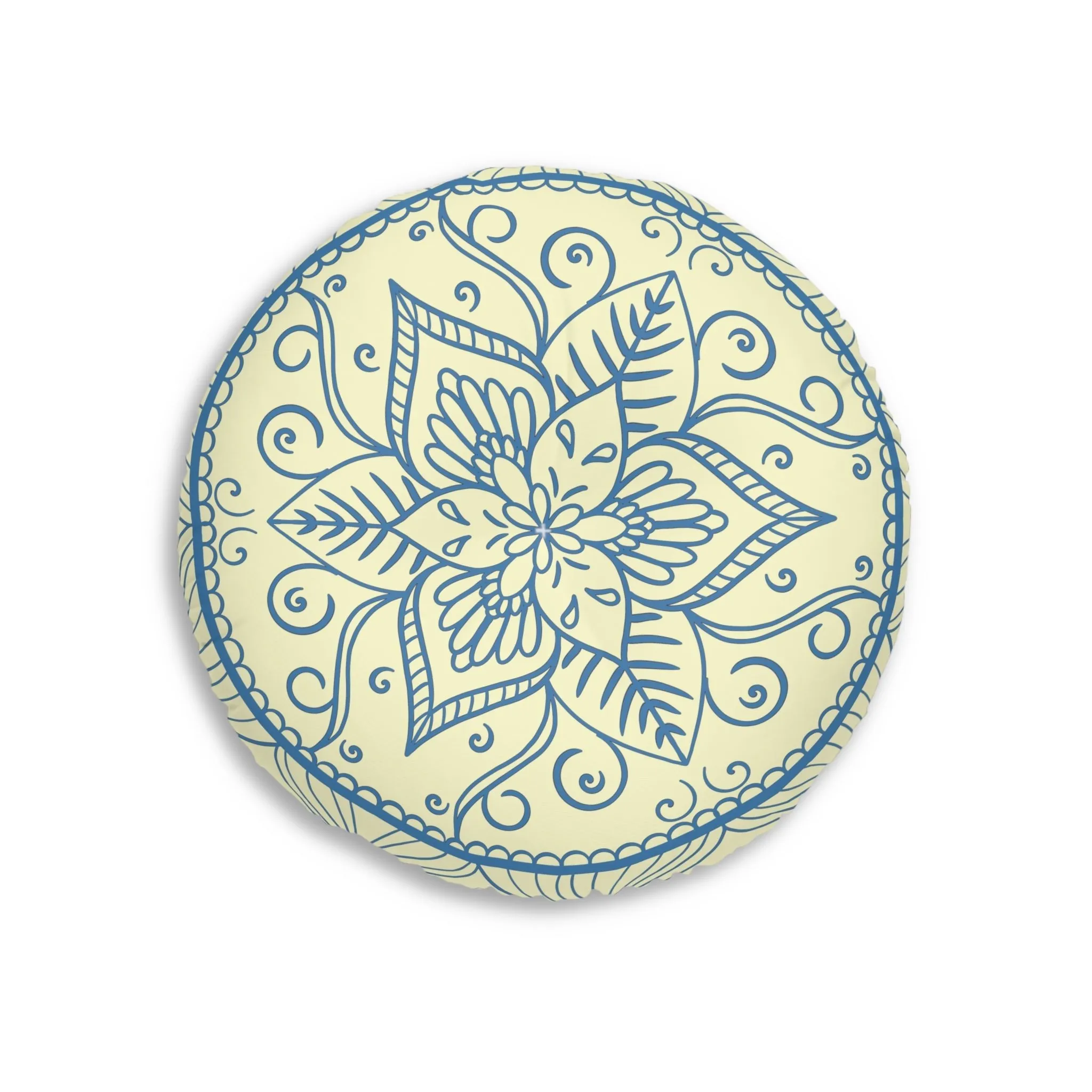 Handmade Mandala Art Steel Blue on Cream Round Floor Cushion