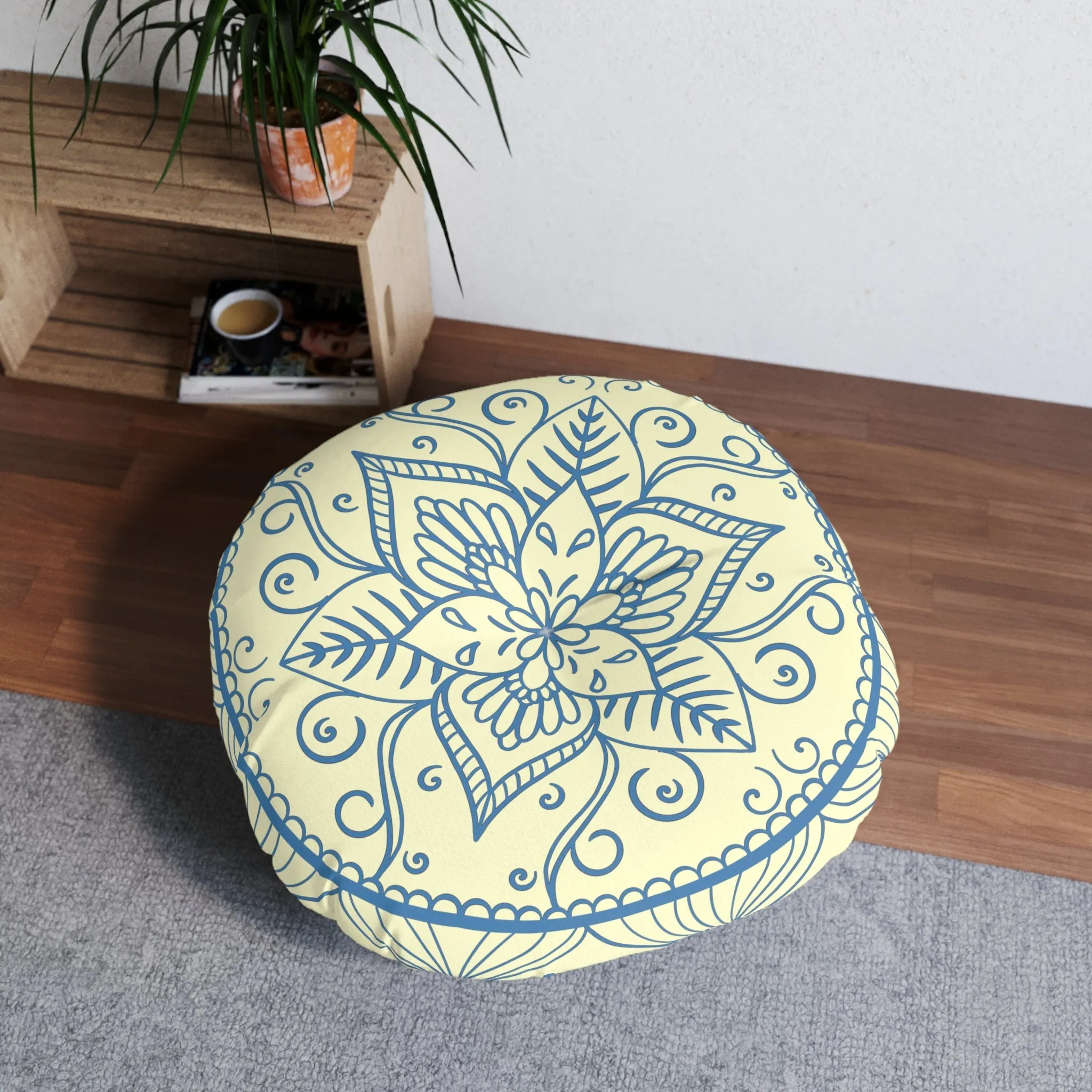 Handmade Mandala Art Steel Blue on Cream Round Floor Cushion