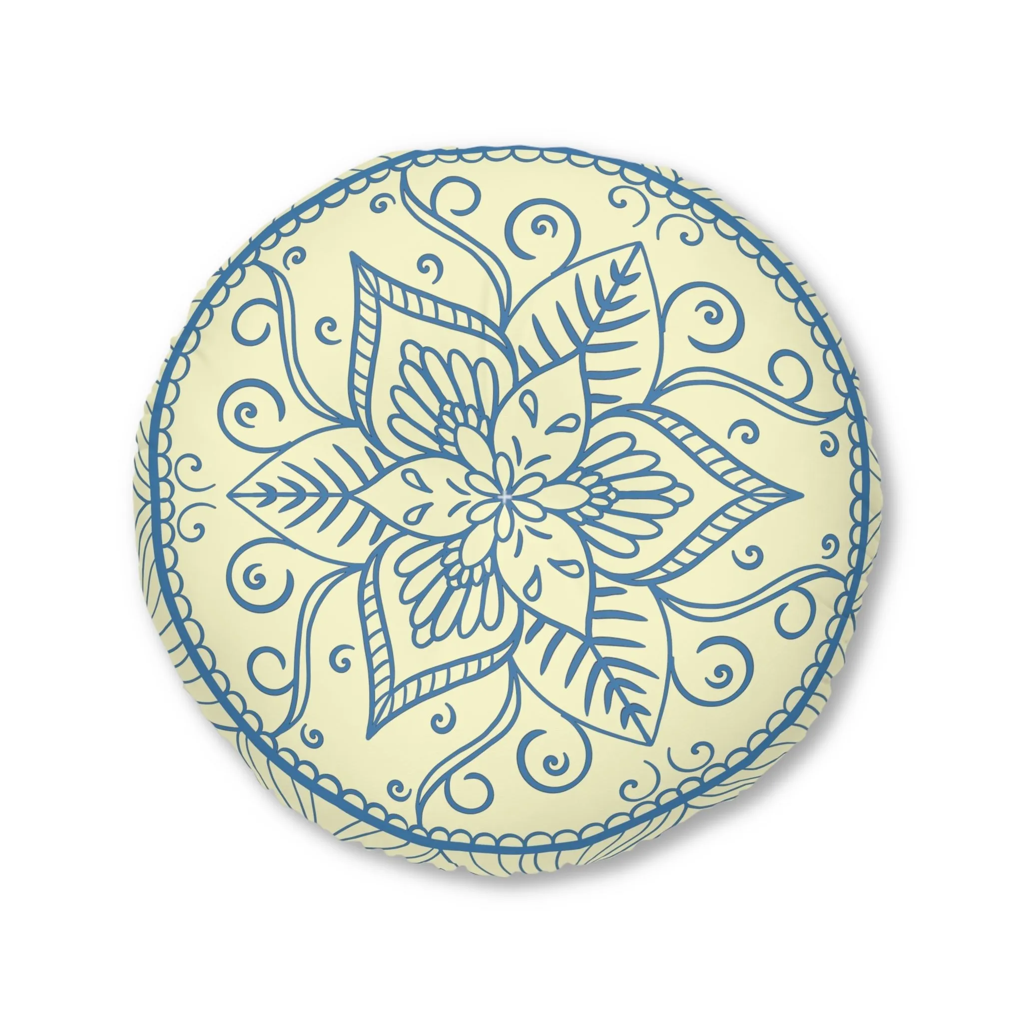 Handmade Mandala Art Steel Blue on Cream Round Floor Cushion