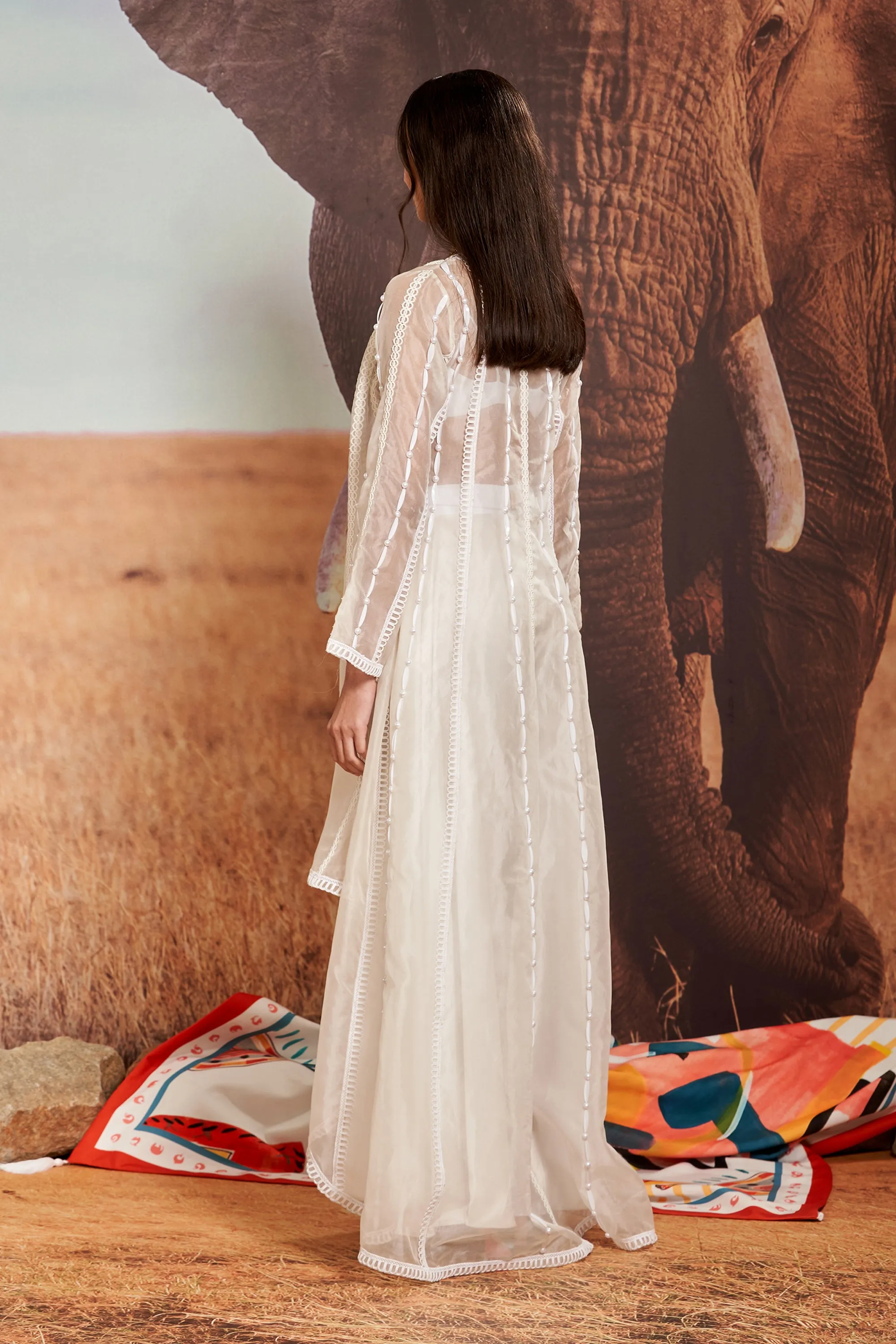 Ivory Flared Sharara with Shellace Beaded Bustier & Cape