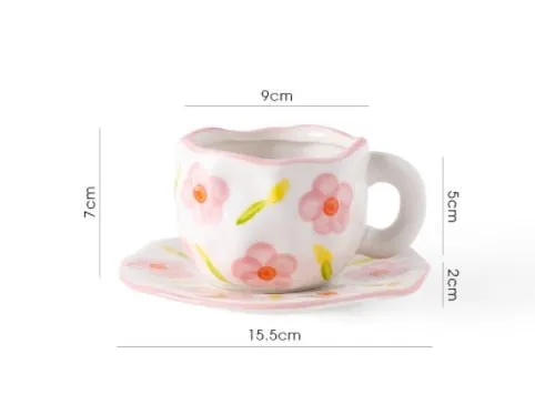 Kawaii Ceramic Mug - Handmade Flower Pattern - 300ml