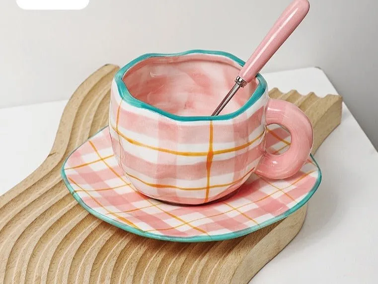 Kawaii Ceramic Mug - Handmade Flower Pattern - 300ml