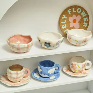 Kawaii Ceramic Mug - Handmade Flower Pattern - 300ml