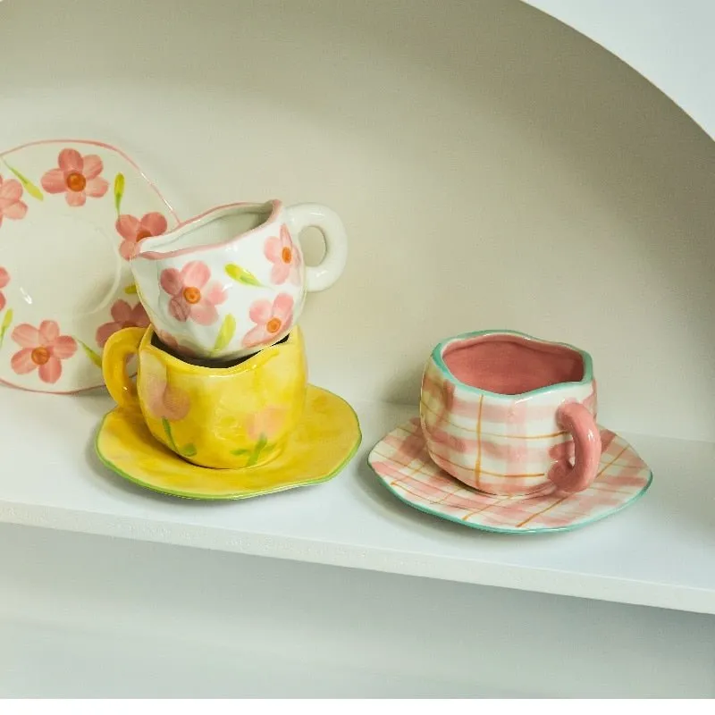 Kawaii Ceramic Mug - Handmade Flower Pattern - 300ml