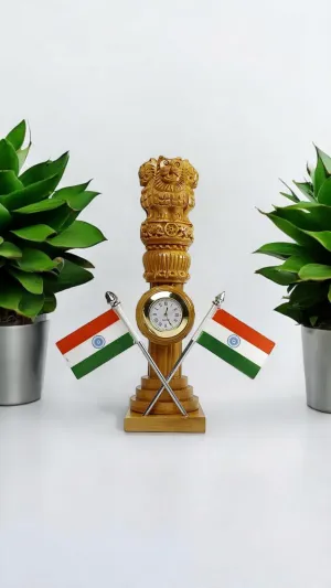 KHAMMA GHANNI Wooden Carved Ashoka Stambh Pillar with 2 Flags & Analog Clock for Office and Study Table Ii Brown Color Pack of 1 (3Wx3Lx8H Inches)