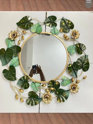 KSE Green Leaves Designer Metal Framed Round Wall Mirror for Decoration and Gift Item