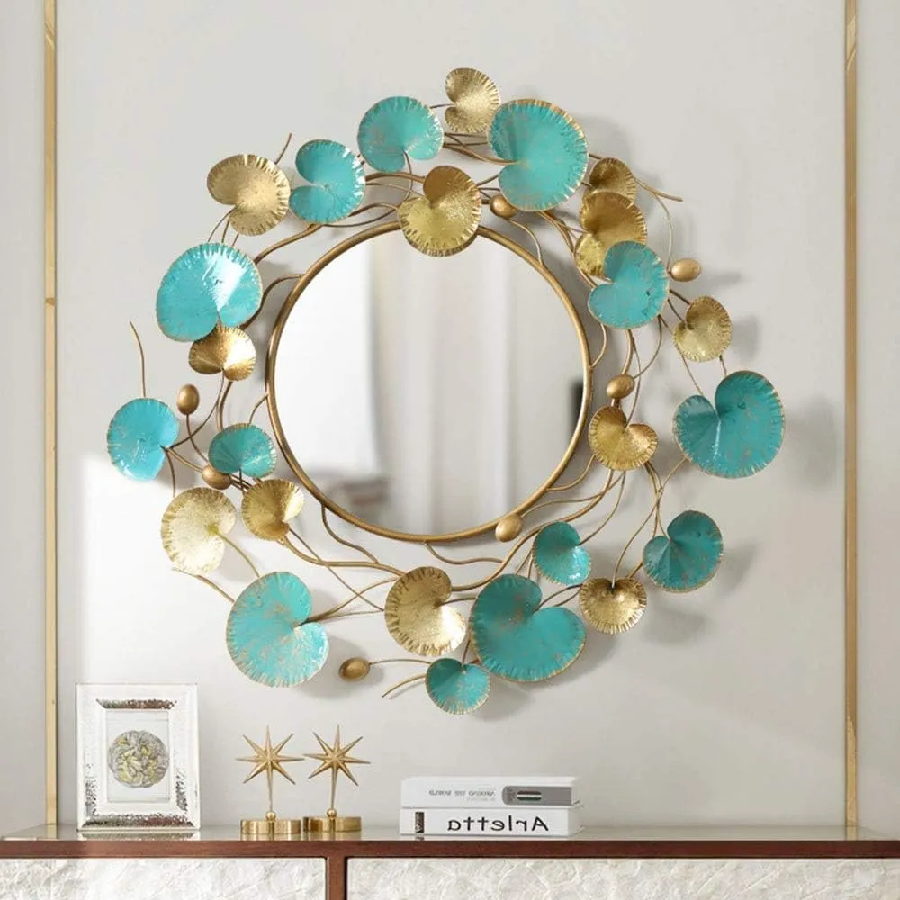 KSE Wall Mirror,Large Gold and Blue Metal Lotus Leaf Frame Round Wall Mounted Mirrors for Living Room, Bedroom, Hall, Hallway