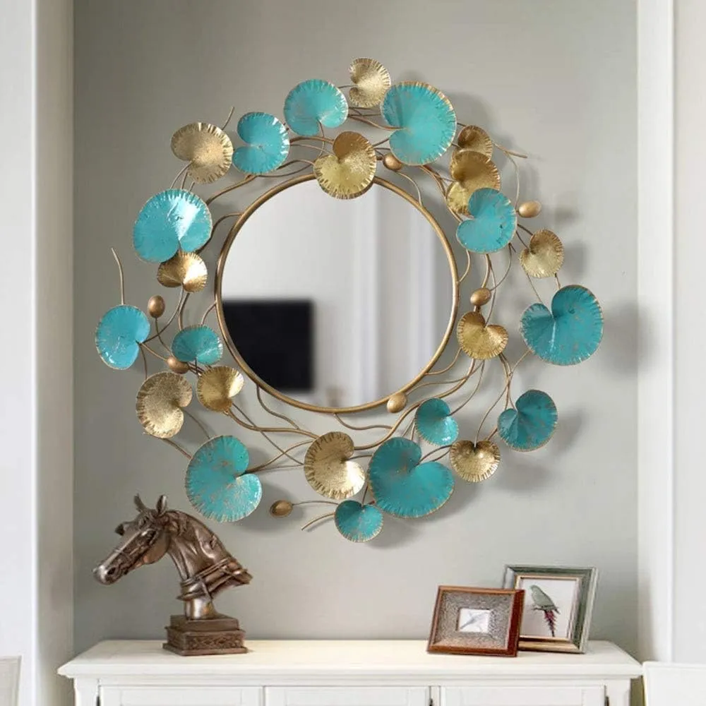 KSE Wall Mirror,Large Gold and Blue Metal Lotus Leaf Frame Round Wall Mounted Mirrors for Living Room, Bedroom, Hall, Hallway