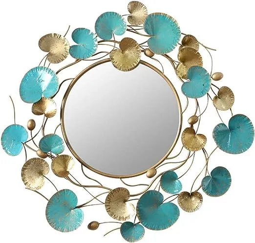 KSE Wall Mirror,Large Gold and Blue Metal Lotus Leaf Frame Round Wall Mounted Mirrors for Living Room, Bedroom, Hall, Hallway
