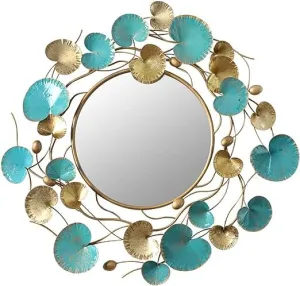 KSE Wall Mirror,Large Gold and Blue Metal Lotus Leaf Frame Round Wall Mounted Mirrors for Living Room, Bedroom, Hall, Hallway