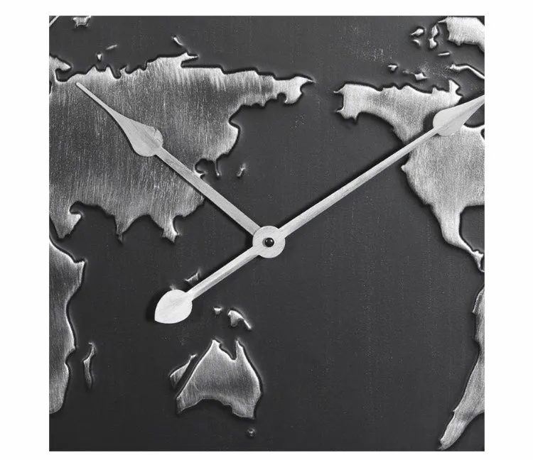 Large Round Black And Silver Map Metal Wall Clock With Grey Wood Frame