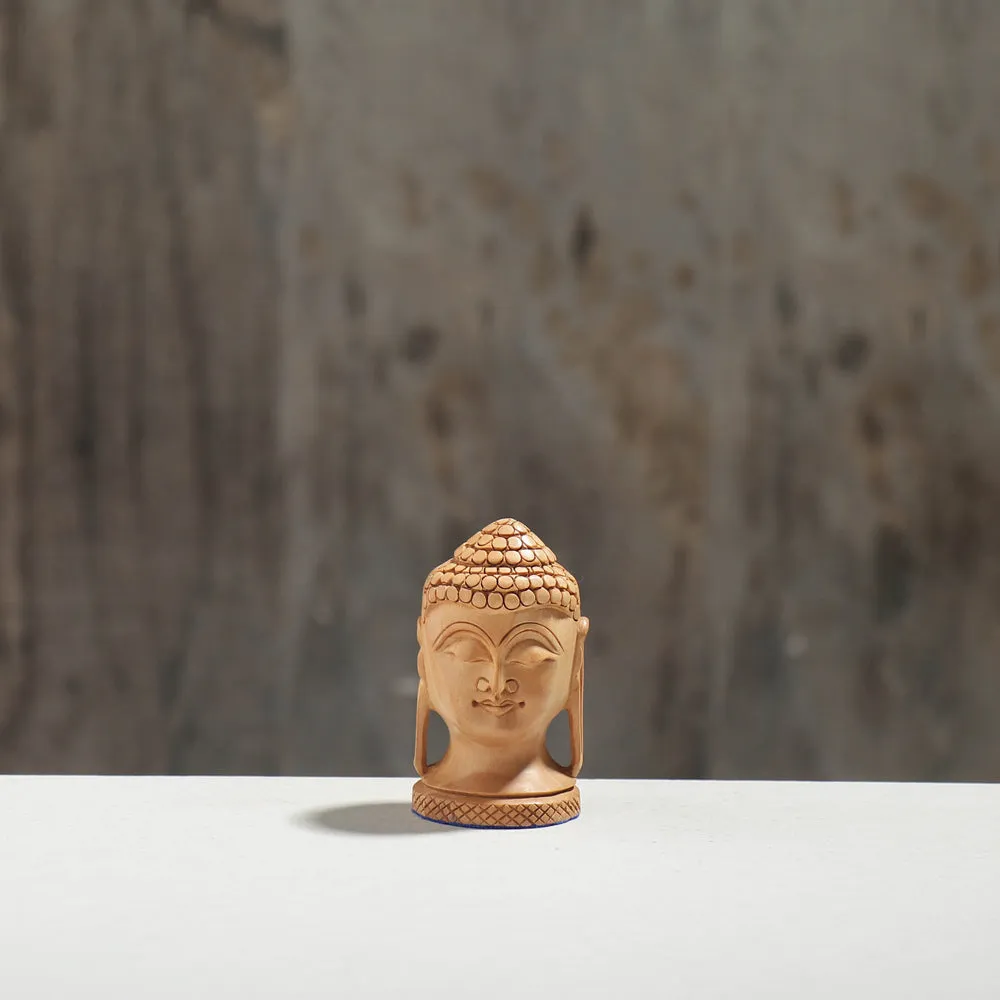 Lord Buddha Head - Hand Carved Kadam Wood Sculpture (3.3 in)