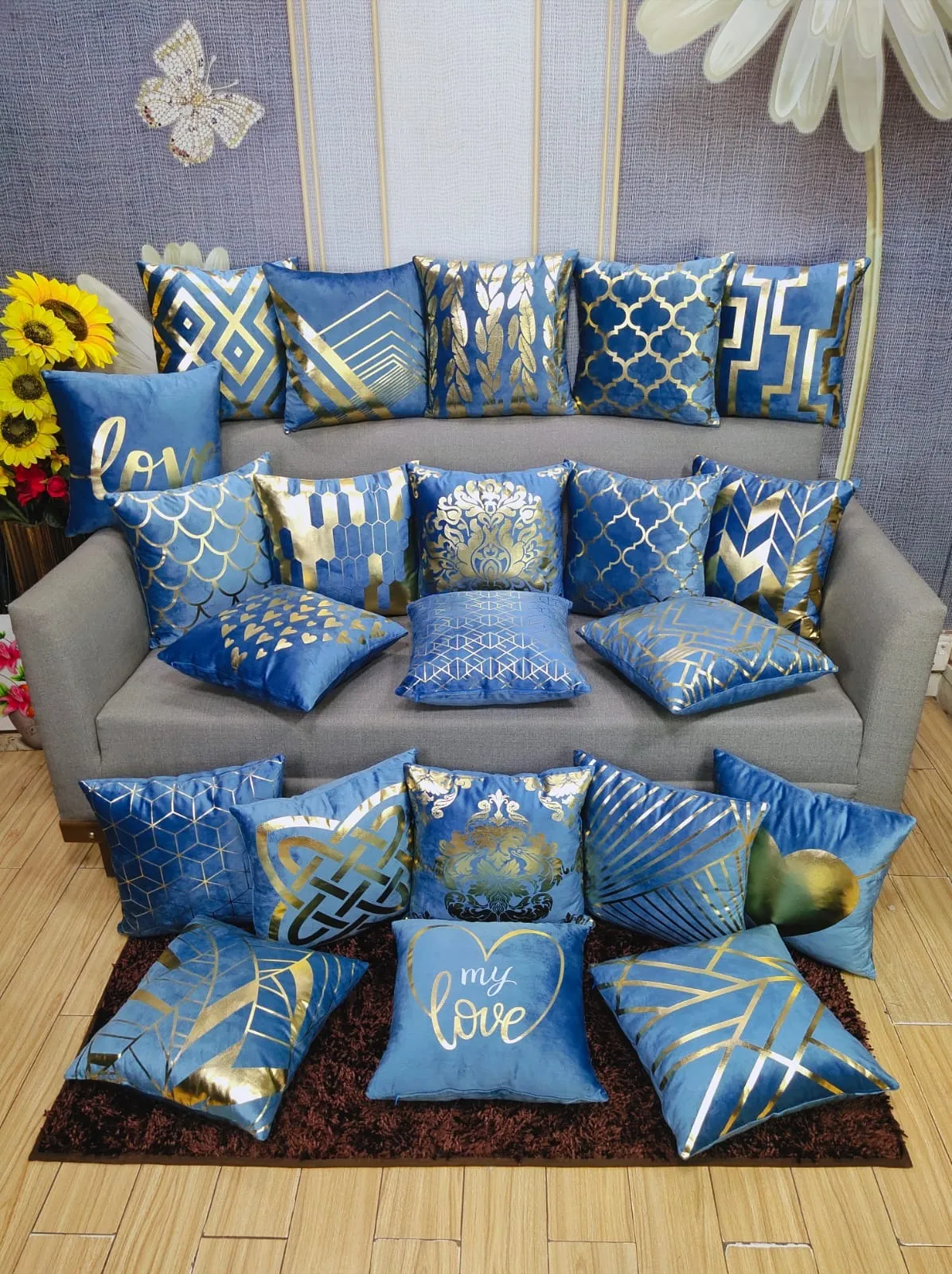 Luxury Foil Print Robbin Blue and Golden Velvet Cushion 16 x 16 inches 1040169