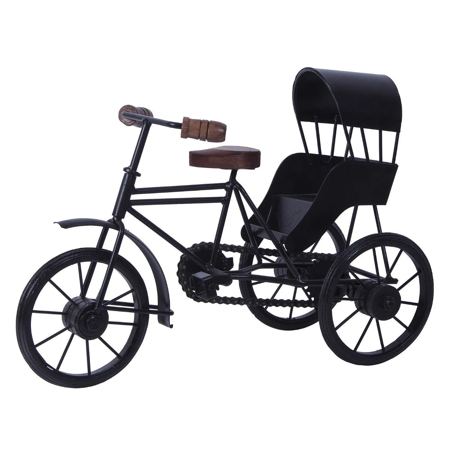 Maharaj Creation Wooden and Wrought Iron Miniature Rickshaw Showpiece, Colour Black