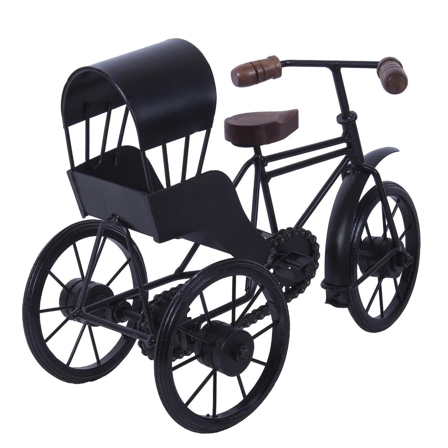 Maharaj Creation Wooden and Wrought Iron Miniature Rickshaw Showpiece, Colour Black