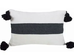Moroccan PomPom Lumbar Pillow Cover - White with Large Black Stripe - Darâa