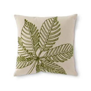 Natural Cotton & Green Embroidered Tropical Leaves Pillow - 20 Inch