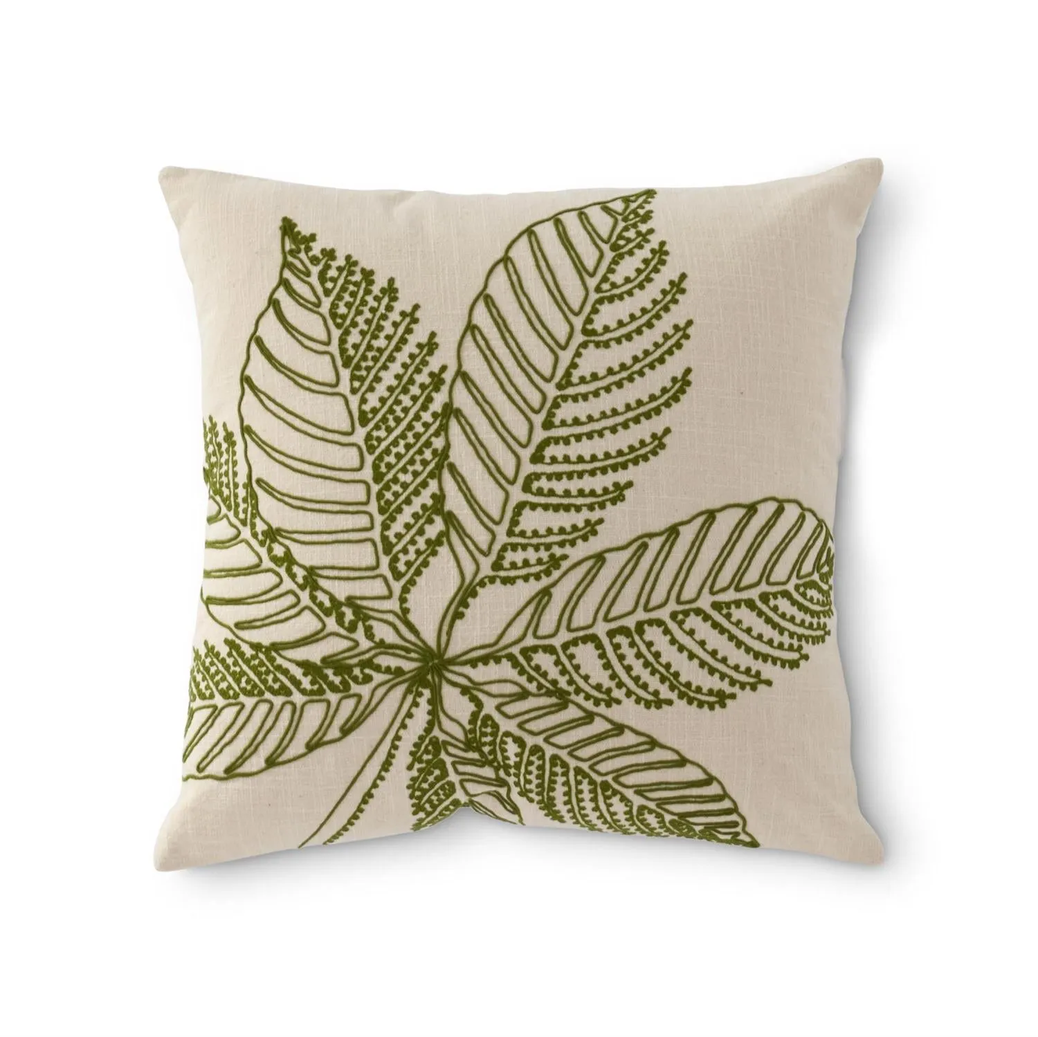 Natural Cotton & Green Embroidered Tropical Leaves Pillow - 20 Inch