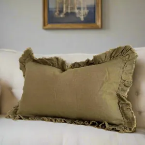 Rectangle Ruffled Edge Olive Linen Cushion 50x30cm