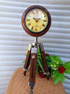 royalantique Nautical Wooden Clock Antique Vintage Wooden Tripod Stand with Clock, Table Clock, Desk Clock, Adjustable Stand Home & Office