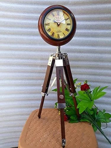royalantique Nautical Wooden Clock Antique Vintage Wooden Tripod Stand with Clock, Table Clock, Desk Clock, Adjustable Stand Home & Office