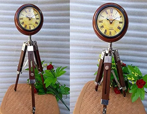 royalantique Nautical Wooden Clock Antique Vintage Wooden Tripod Stand with Clock, Table Clock, Desk Clock, Adjustable Stand Home & Office