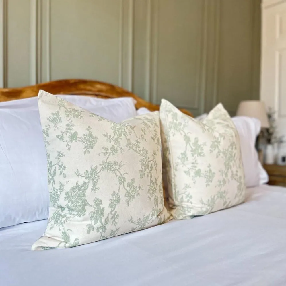 Sage Floral Print 100% Cotton Square Cushion