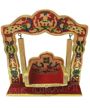 SK CRAFT Jaipuri Meenakari Wooden Handcrafted Decorated Peacock Laddu Gopal Jhula, jhula for laddu Gopal-Small Size (10x9 Inches)