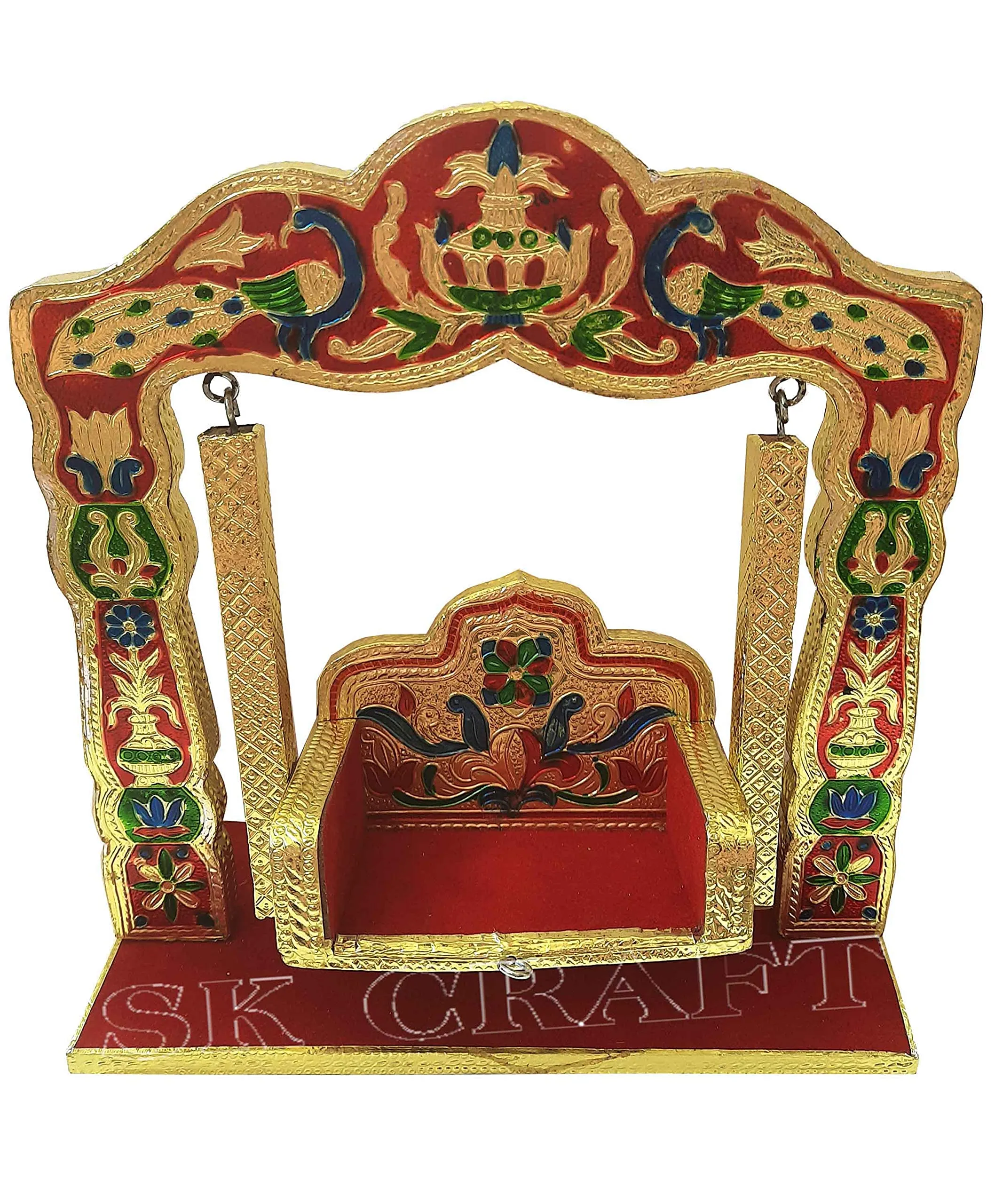 SK CRAFT Jaipuri Meenakari Wooden Handcrafted Decorated Peacock Laddu Gopal Jhula, jhula for laddu Gopal-Small Size (10x9 Inches)