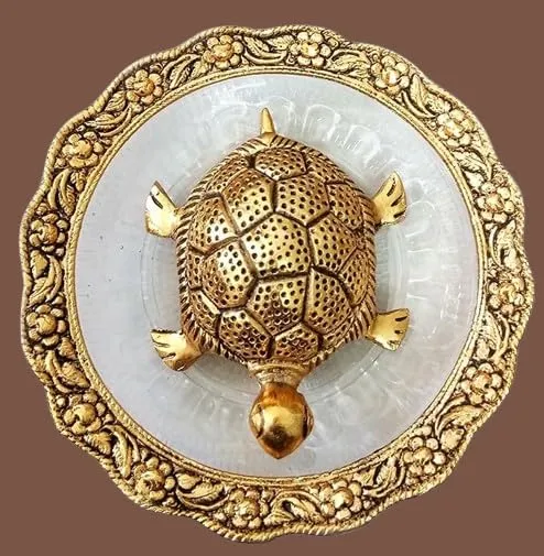 Soni craft Metal Feng Shui Golden Tortoise on Glass Plate - 6 inches Turtle Showpiece for Good Luck Vastu - Kachua for vajhan of laxmi ji Home, Office, Living Room, Hotel - Gift for Girlfriend Mom Dad