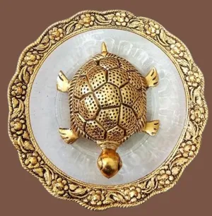 Soni craft Metal Feng Shui Golden Tortoise on Glass Plate - 6 inches Turtle Showpiece for Good Luck Vastu - Kachua for vajhan of laxmi ji Home, Office, Living Room, Hotel - Gift for Girlfriend Mom Dad