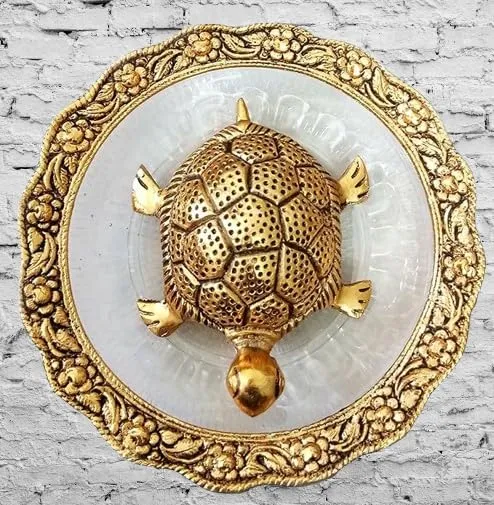 Soni craft Metal Feng Shui Golden Tortoise on Glass Plate - 6 inches Turtle Showpiece for Good Luck Vastu - Kachua for vajhan of laxmi ji Home, Office, Living Room, Hotel - Gift for Girlfriend Mom Dad