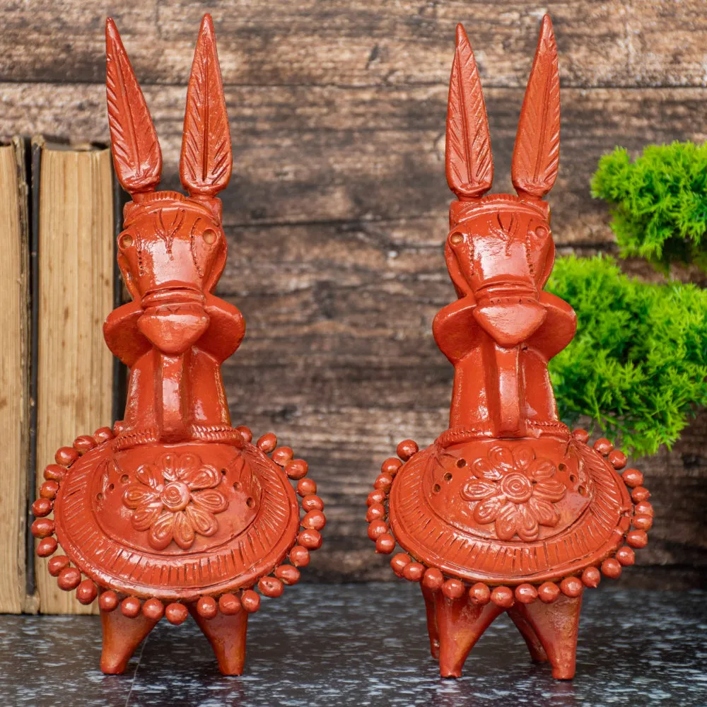 Terracotta Kathakali Bankura Horse (Set of 2) T001 || (H x W x L)= 8 inch x 4 inch x 5 inch