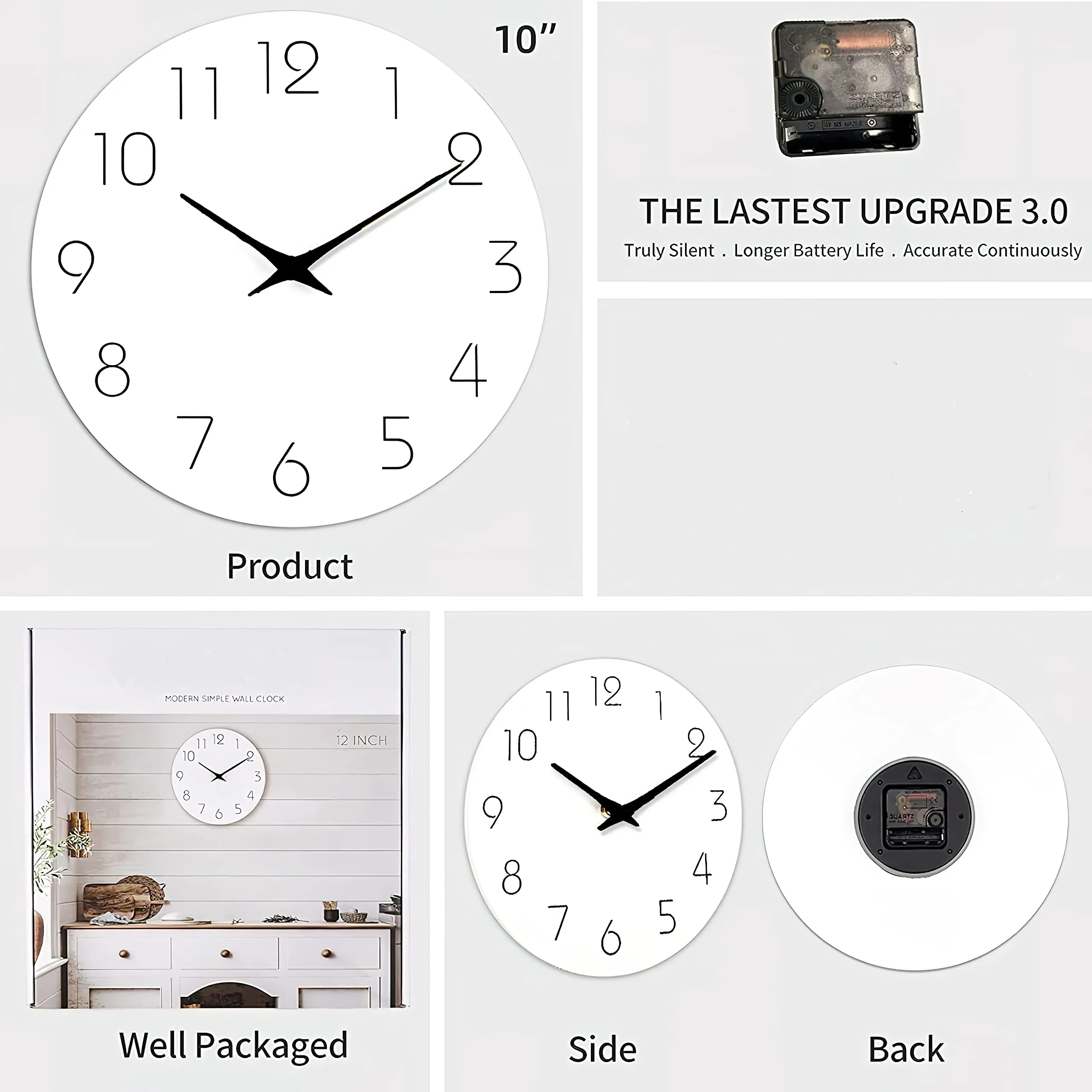 TEX-RO Wall Clock 10 Inch White Wall Clock for Home Battery Operated Simple Minimalist Style White Numbers Wall Watch for Home Decorative for Living Room,Kitchen,Home,Office,Bathroom(10" White)