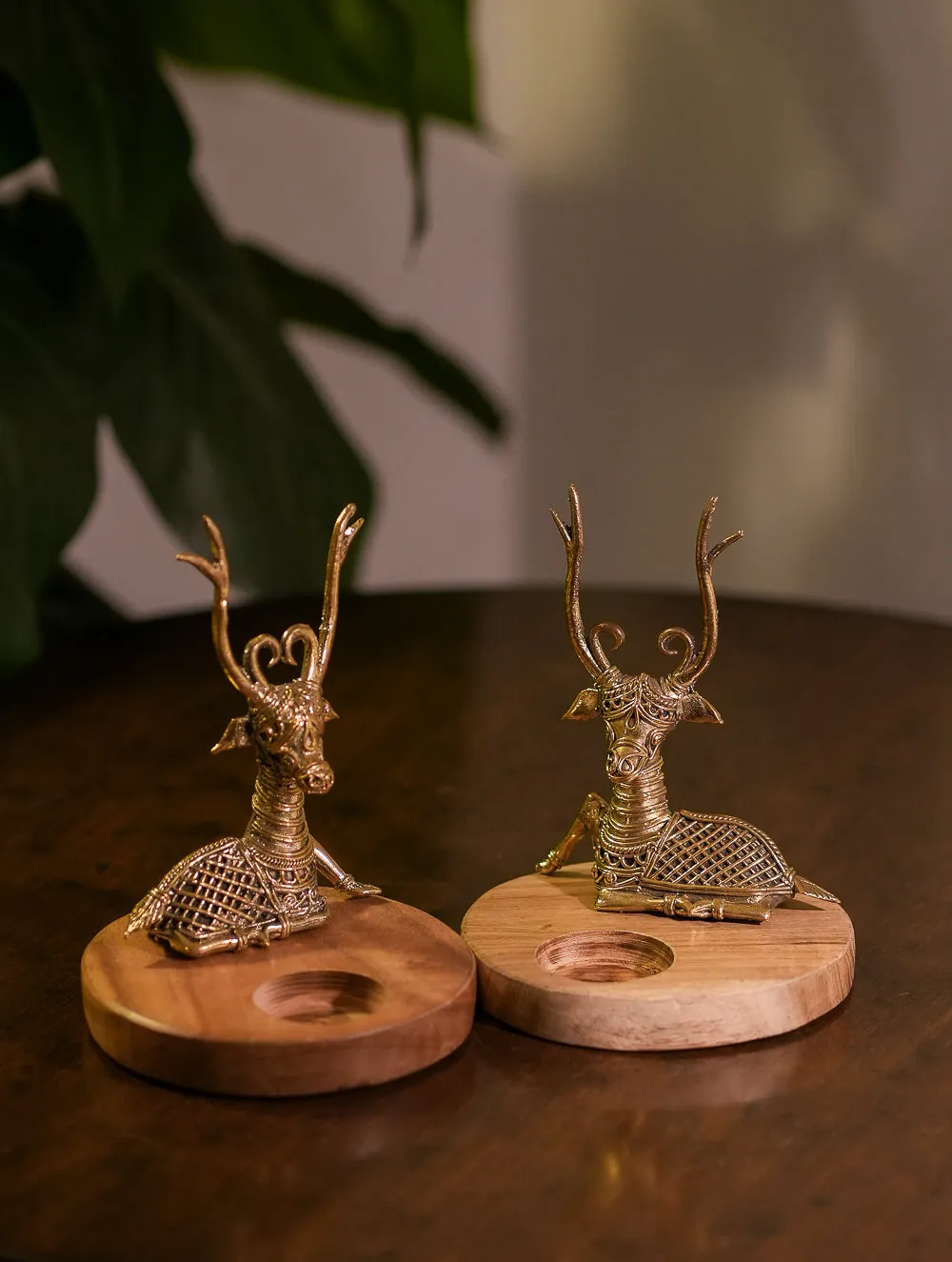 Wood & Dhokra Craft Tealight Holders (Set of 2) - The Deer