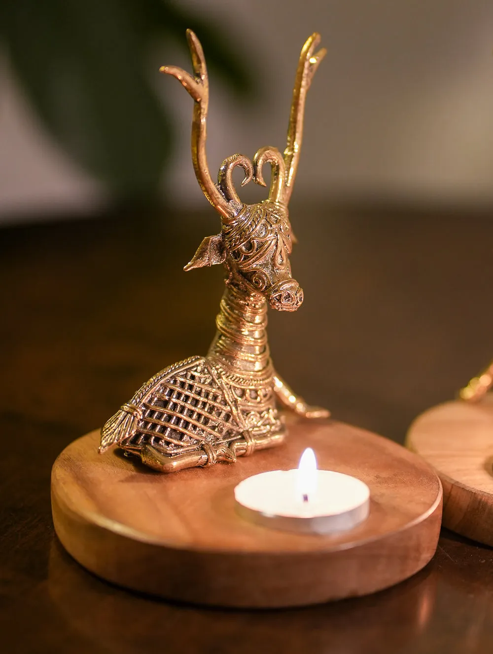 Wood & Dhokra Craft Tealight Holders (Set of 2) - The Deer
