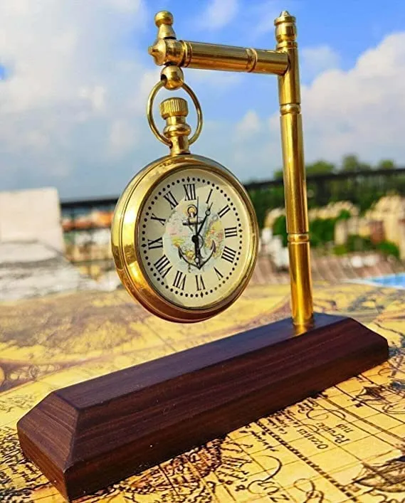 Wooden Base Antique Brass Table Clock Shelf and Desk Clock for Office Home Décor Living Room Bed Room (Small Size)