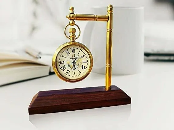 Wooden Base Antique Brass Table Clock Shelf and Desk Clock for Office Home Décor Living Room Bed Room (Small Size)