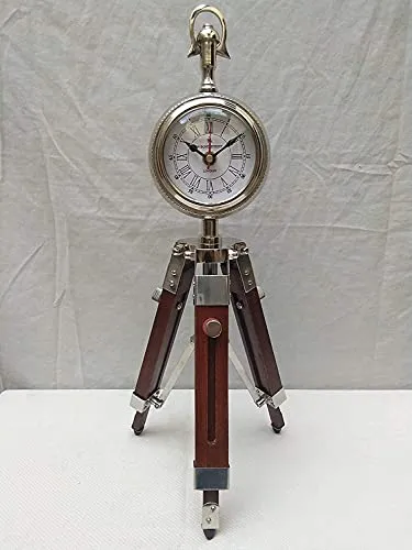 Wooden Tripod Table Stand Clock Steel Finish Antique Look Stylish Roman Clock for Home Living Room