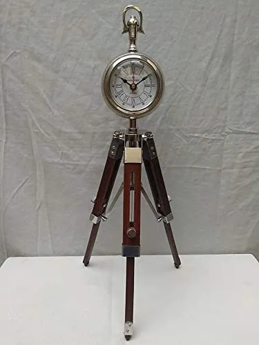 Wooden Tripod Table Stand Clock Steel Finish Antique Look Stylish Roman Clock for Home Living Room