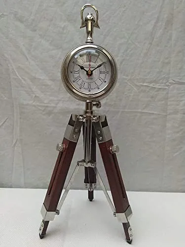 Wooden Tripod Table Stand Clock Steel Finish Antique Look Stylish Roman Clock for Home Living Room
