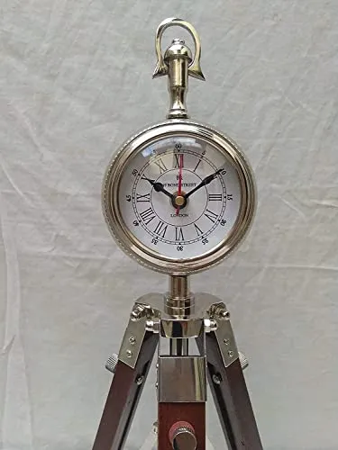 Wooden Tripod Table Stand Clock Steel Finish Antique Look Stylish Roman Clock for Home Living Room