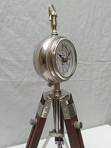 Wooden Tripod Table Stand Clock Steel Finish Antique Look Stylish Roman Clock for Home Living Room